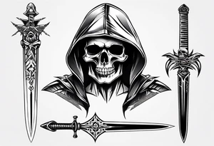 hooded skull sword tattoo idea
