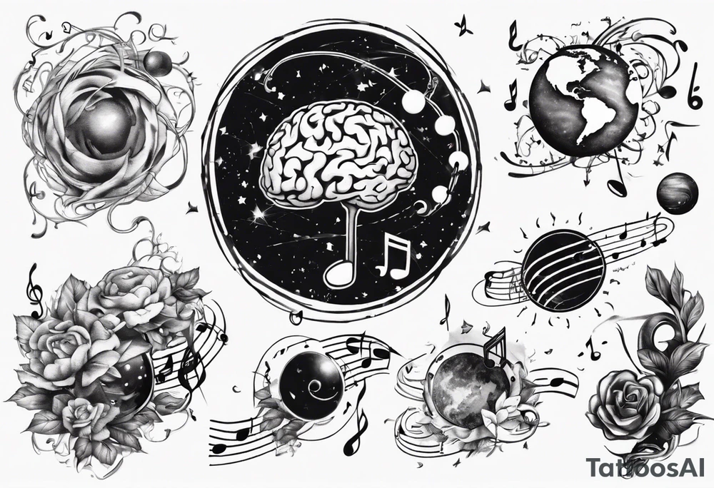 Music notes roaming around a brain shaped planet tattoo idea