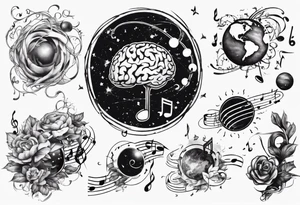 Music notes roaming around a brain shaped planet tattoo idea