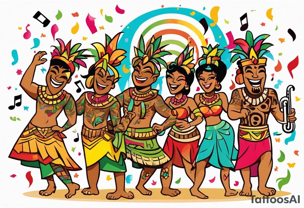 tiki party with dancing tiki guys and sexy tiki girls with music notes and confetti tattoo idea