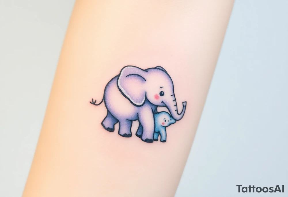A mother elephant  with her baby, with soft blues and purples representing wisdom and protection. tattoo idea
