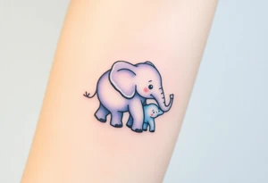 A mother elephant  with her baby, with soft blues and purples representing wisdom and protection. tattoo idea