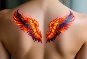 A pair of wings made from fire flames, transitioning from deep red at the base to golden yellow at the tips, symbolizing strength and courage. tattoo idea