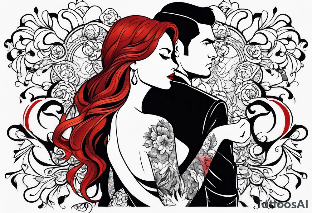Red haired woman with black haired man tattoo idea