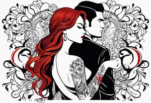 Red haired woman with black haired man tattoo idea