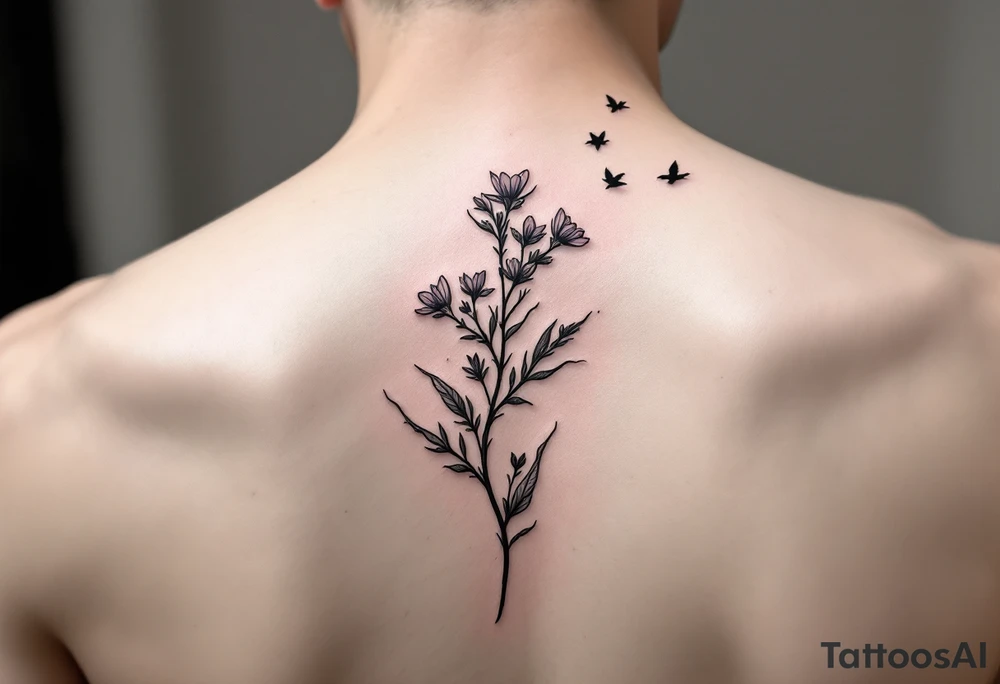 A wood violet blowing in the wind with pedals floating away turning into birds tattoo idea