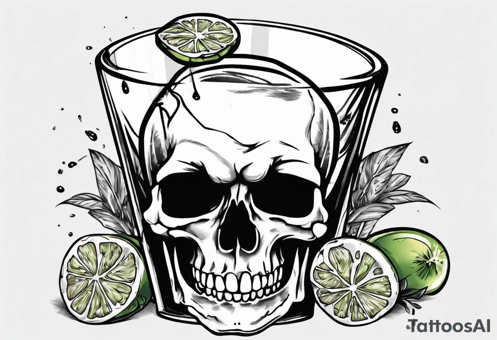 A smiling looking to the left scull inside the glass with alcohol and piece of lime tattoo idea