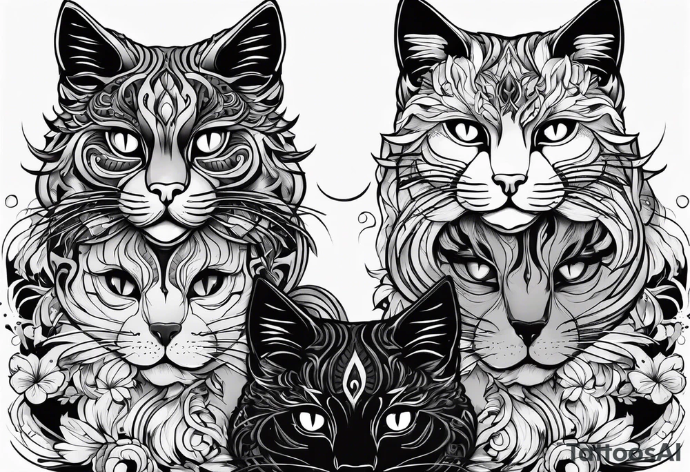 three cat heads next to next with first ones hands on its eyes next ones hands on its mouth and next ones hands on its ears tattoo idea