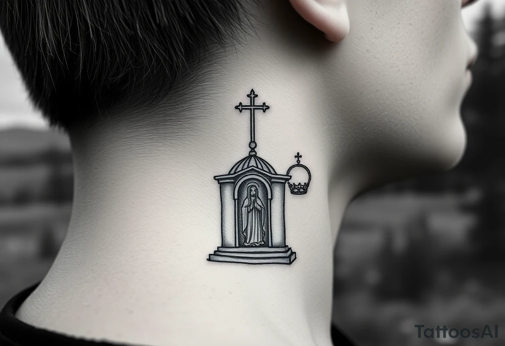 russian design traditional christian orthodox cross with a virgin mary stood beside the entrance of a russian orthodox dome church on the side of the neck in a wilderness setting tattoo idea