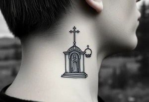 russian design traditional christian orthodox cross with a virgin mary stood beside the entrance of a russian orthodox dome church on the side of the neck in a wilderness setting tattoo idea