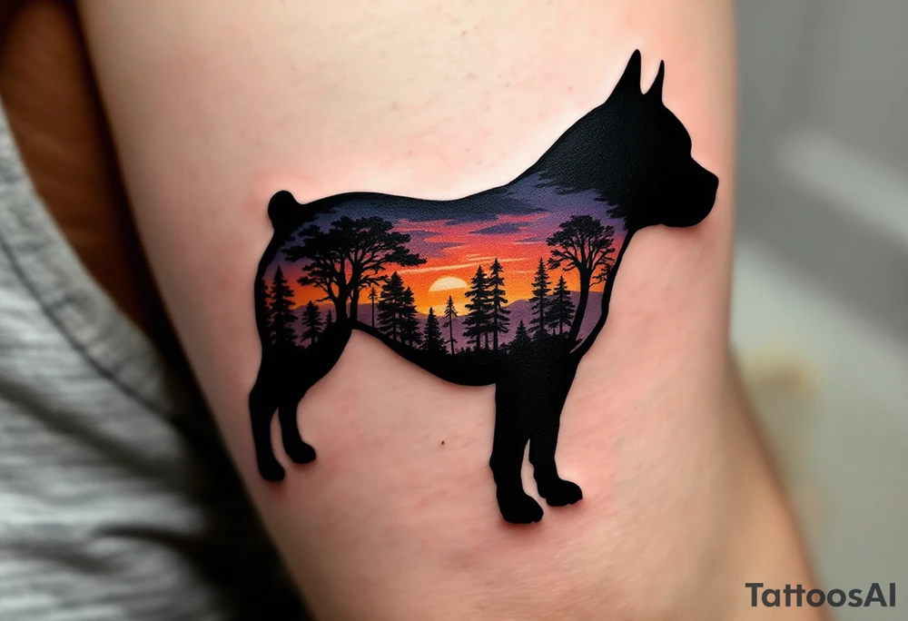 Stafford Silhouette with Landscape – Black silhouette of a Staffordshire Bull Terrierfilled with a sunset landscape in orange, purple, and yellow tones. tattoo idea
