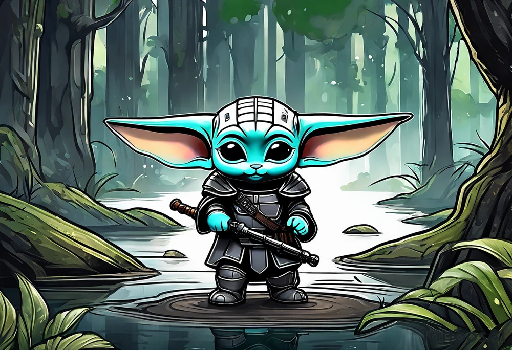 Baby Grogu wearing black mandalorian armor,  holding a black lightsaber in a swamp tattoo idea