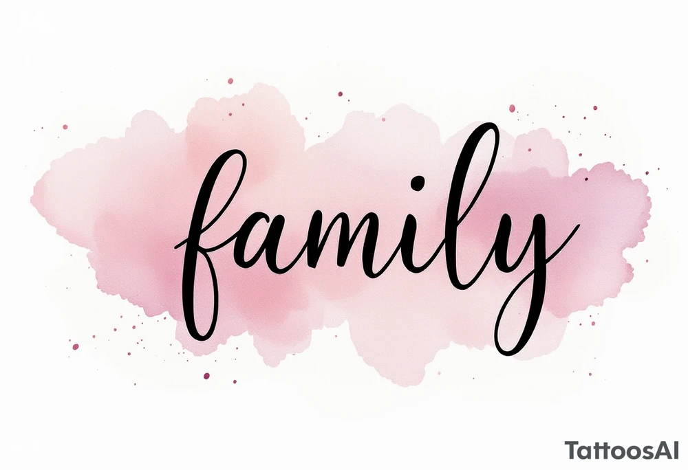 A watercolor splash in dusty rose and lavender behind the word family in sleek black ink. tattoo idea