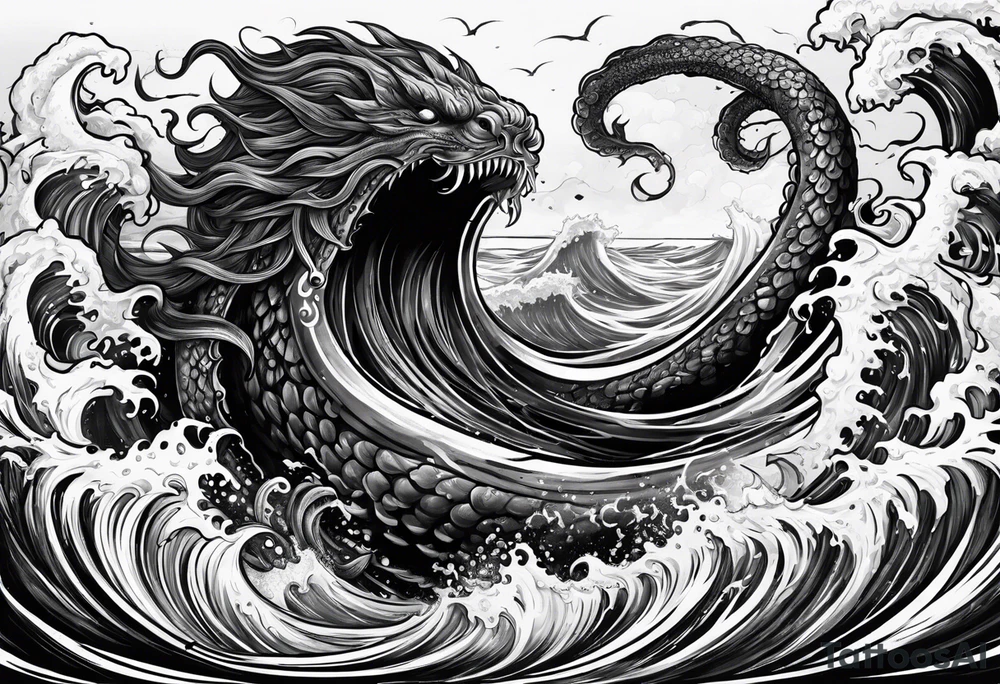 Kraken attacking wrapping tentacles Poseidon thrusting trident stormy sea tattoo idea