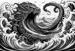 Kraken attacking wrapping tentacles Poseidon thrusting trident stormy sea tattoo idea