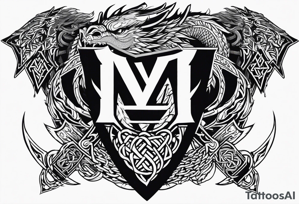 Valhalla sword shield dragon axe Valknut barbed wire chains tribal tattoo idea Valhalla sword shield dragon axe Valknut barbed wire chains tribal tattoo idea