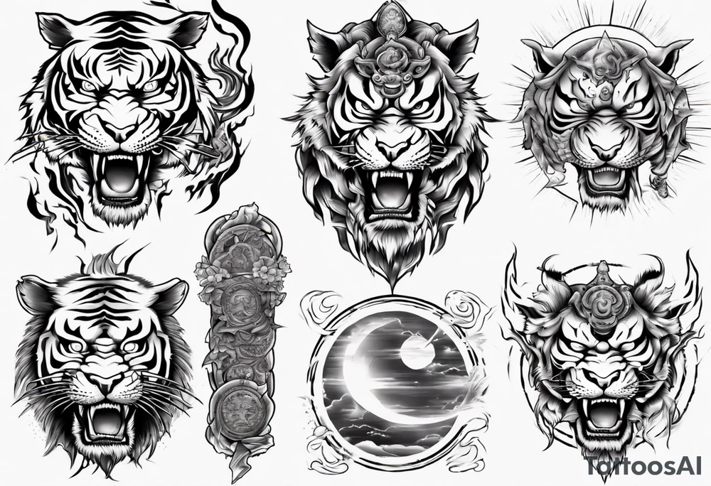 tiger warrior with lightning and the sun for a forearm sleeve tattoo idea