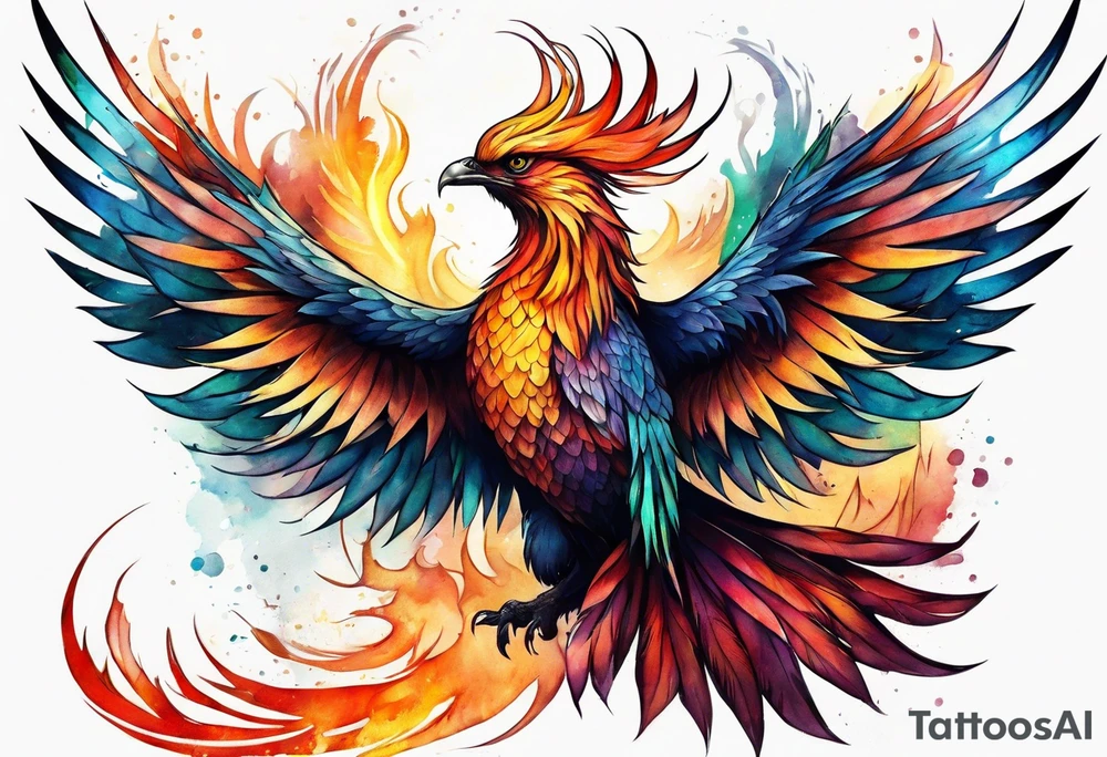 Rising phoenix against dark background, tall length tattoo idea