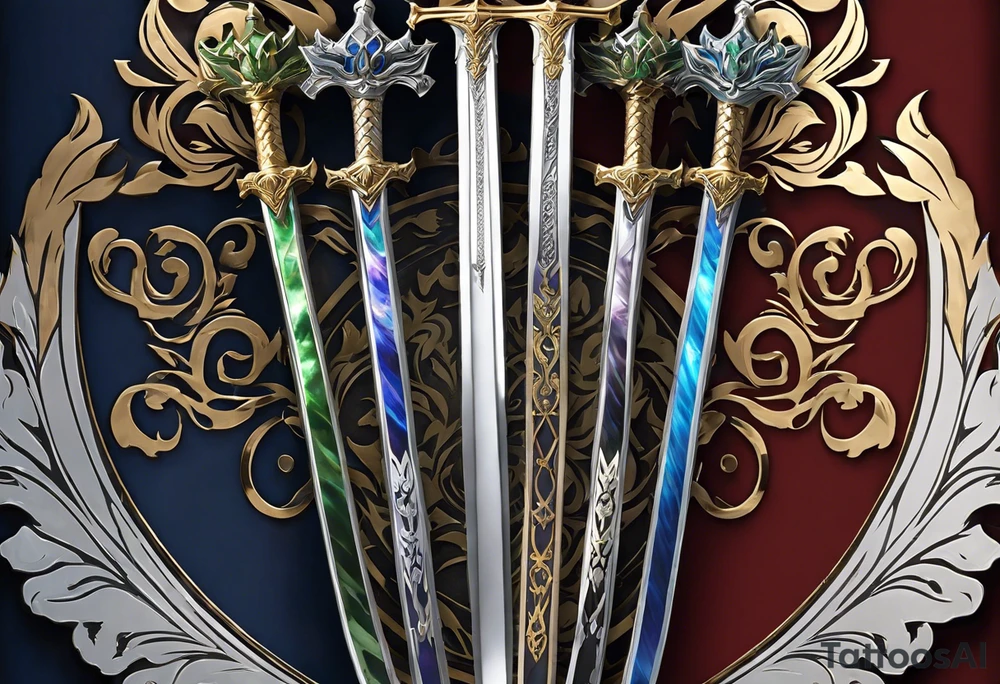 Master Sword with the blade symbolizing unwavering strength. The hilt features delicate, engraved patterns of flowers and leaves to represent kindness. Elemental symbols—fire, water, earth, and air—are subtly placed around the sword, blending seamlessly into the design to highlight the unity of strength and kindness." tattoo idea