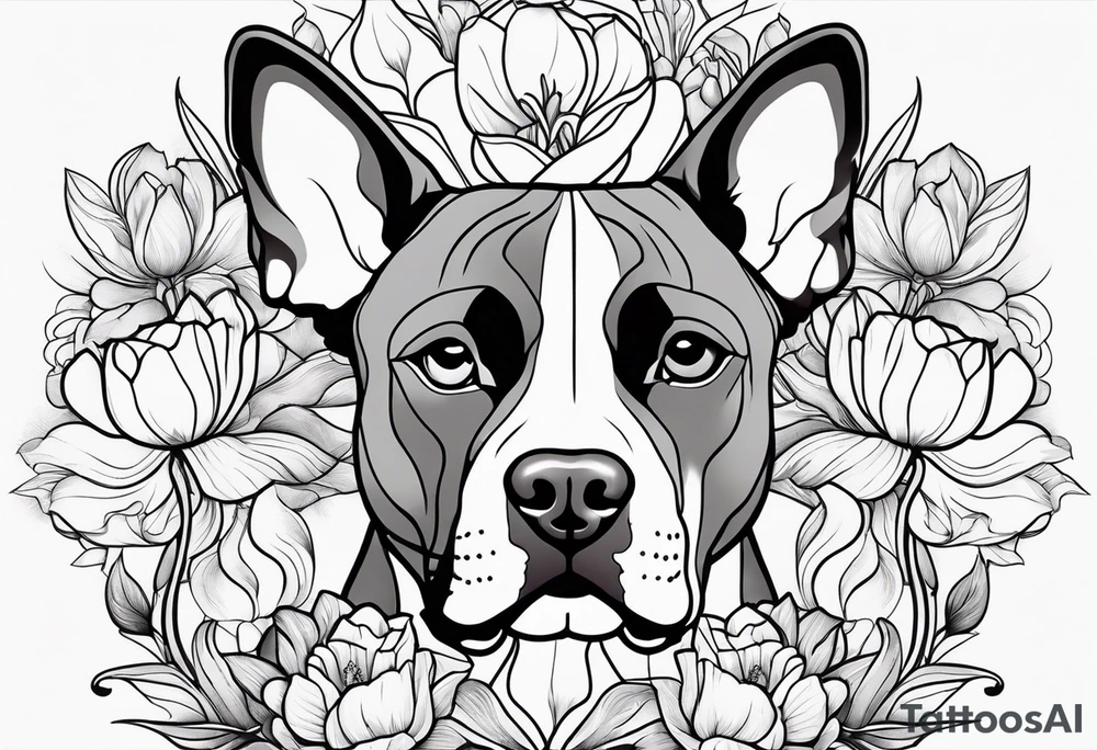 american staffordshire with floral backgrounds and tulips with a butterfly and an amstaff dog. tattoo idea