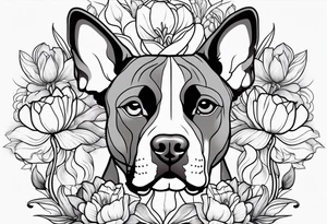 american staffordshire with floral backgrounds and tulips with a butterfly and an amstaff dog. tattoo idea