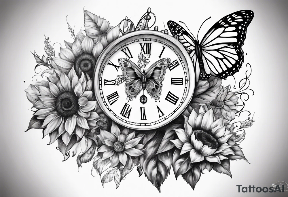 Sleeve with clock, sunflower and butterfly tattoo idea