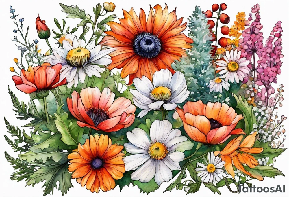 wildflowers with thistles, ferns, white anemones, sun flowers, orange flowers, green flowers, pink flowers, red flowers, babys breath and daisies all in watercolor tattoo idea