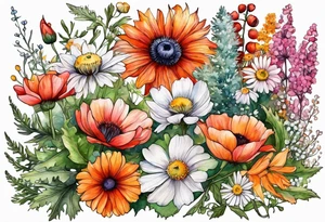 wildflowers with thistles, ferns, white anemones, sun flowers, orange flowers, green flowers, pink flowers, red flowers, babys breath and daisies all in watercolor tattoo idea