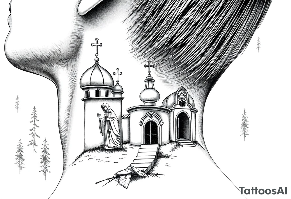 russian design traditional christian orthodox cross with a virgin mary stood beside the entrance of a russian orthodox dome church on the side of the neck in a wilderness setting with the design spread out the side of the neck tattoo idea