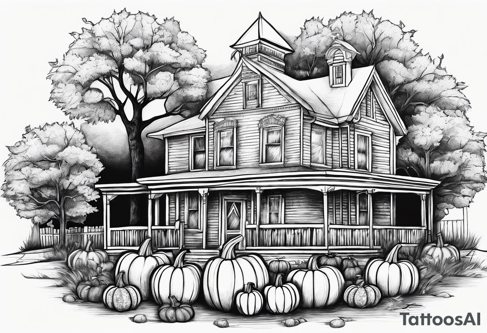 Midwestern street in fall with Halloween pumpkin tattoo idea