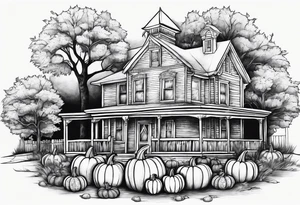 Midwestern street in fall with Halloween pumpkin tattoo idea
