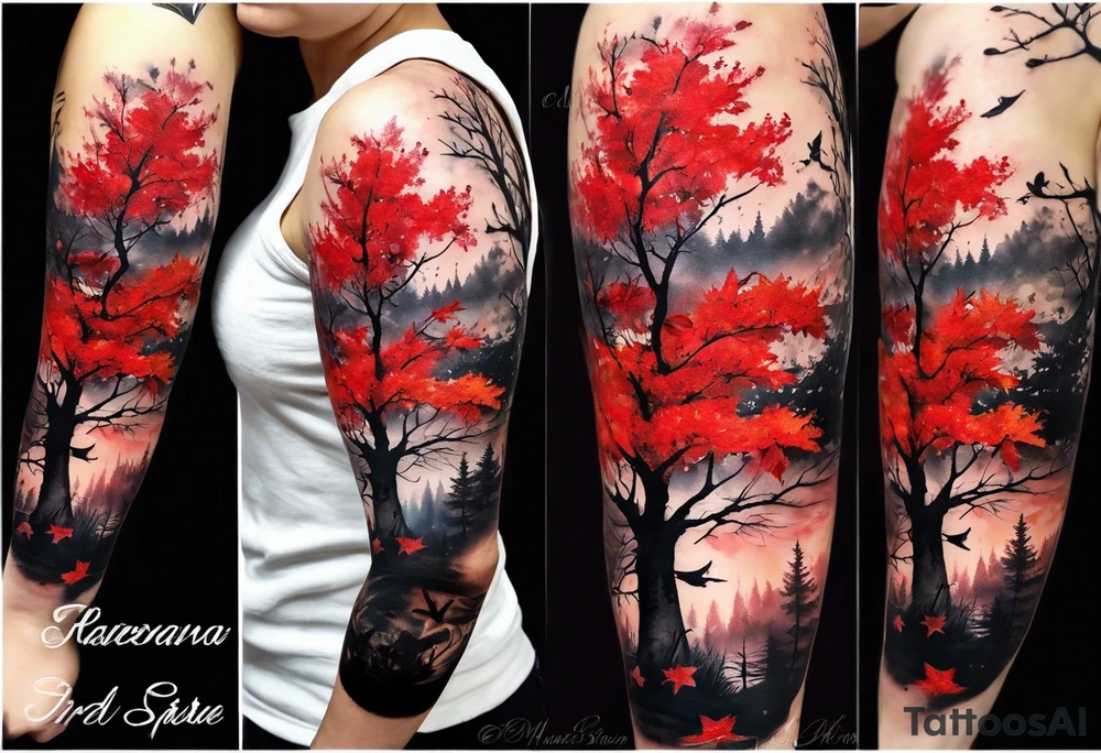 trash polka style. Arm tattoo. Long tattoo. Full sleeve. Shoulder. A single large maple tree with red autumn leaves that branches upwards from wrist to shoulder. White-throated dipper bird on the trees branches. Calluna flowers at the base of the trees stem. Tree stem has dark colors. Red/yellow sunset behind the trees stem. Leaves falling. tattoo idea