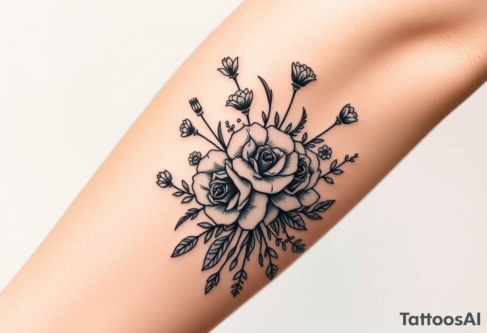vintage bouquet of wild roses and meadow flowers with morning dew tattoo idea