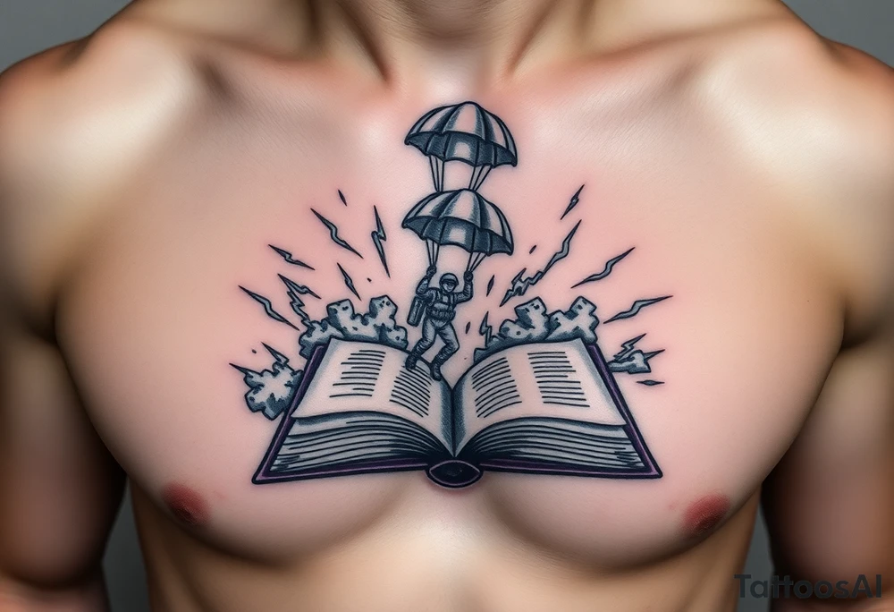 A parachuting soldier landing into an open book. Chaos surrounding, but the book is protecting the soldier from it. On the chest. Make the tattoo smaller. Make it thought provoking. Make the chaos in the environment be a thunderstorm. Make the pages in the book be blank and the book be decorated tattoo idea