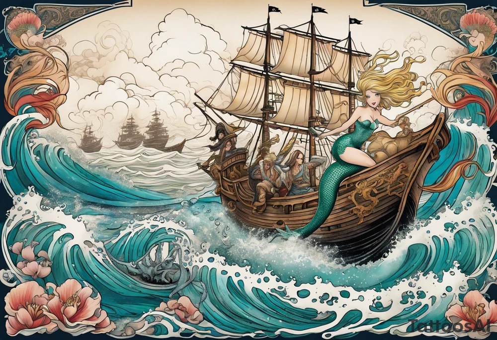 Beautiful blond mermaid riding a giant octopus with her young merman son in the ocean with a pirate ship in the distance tattoo idea