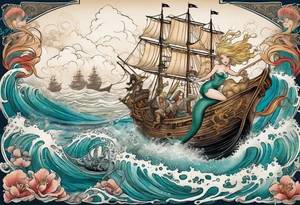 Beautiful blond mermaid riding a giant octopus with her young merman son in the ocean with a pirate ship in the distance tattoo idea