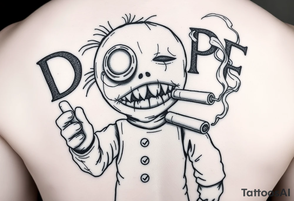 Stitched up rag doll with a button as one eye and some thread as the other. Scary. Warn down. Razor like shark teeth with blood dripping. Holding some money in one hand and a cigar in the other hand. Smoke pouring off the cigar with the cloud of smoke above spelling out the word DOPE tattoo idea