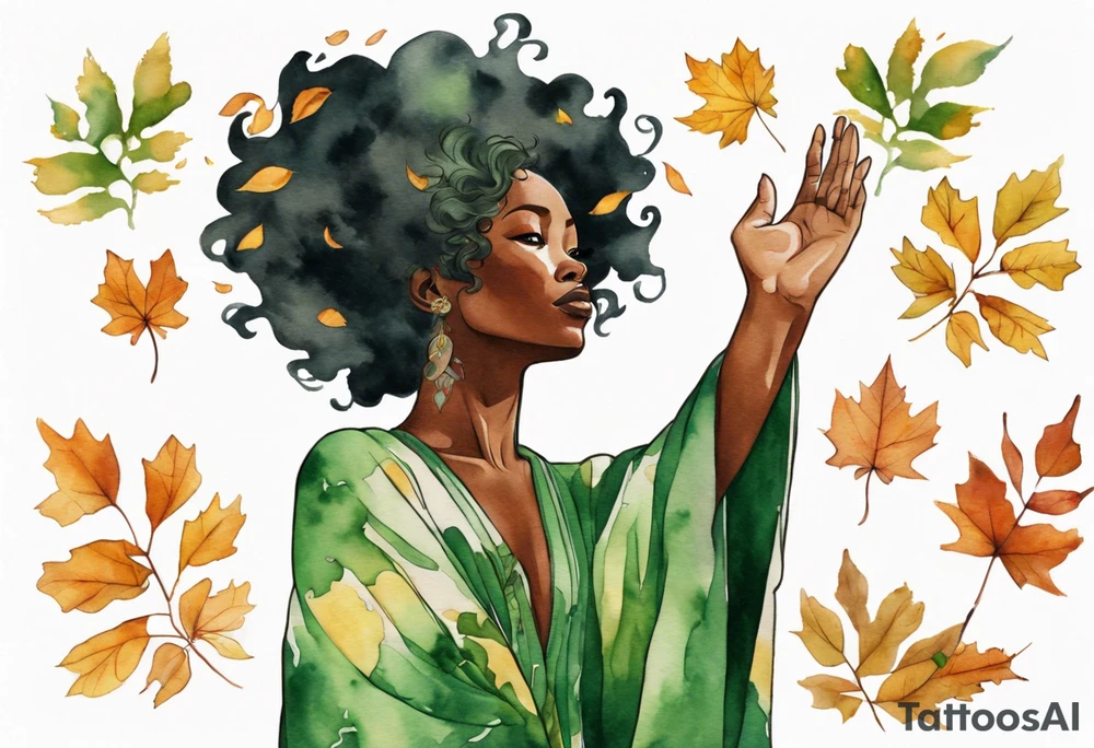 a tree that sprouts into a beautiful black woman wearing a green robe, arms reaching up towards the sun blazing in the sky, autumn leaves in her hair tattoo idea