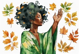 a tree that sprouts into a beautiful black woman wearing a green robe, arms reaching up towards the sun blazing in the sky, autumn leaves in her hair tattoo idea
