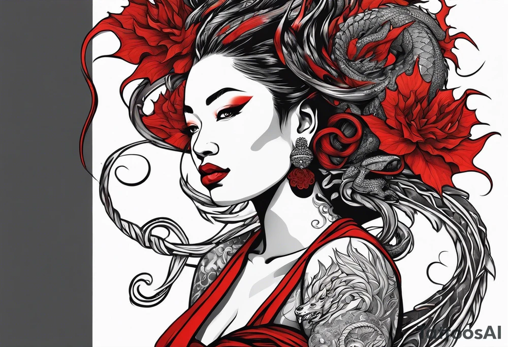 Red dragon wrapping around woman with locs tattoo idea