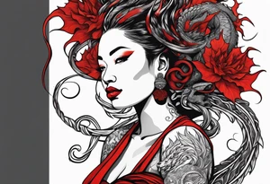 Red dragon wrapping around woman with locs tattoo idea