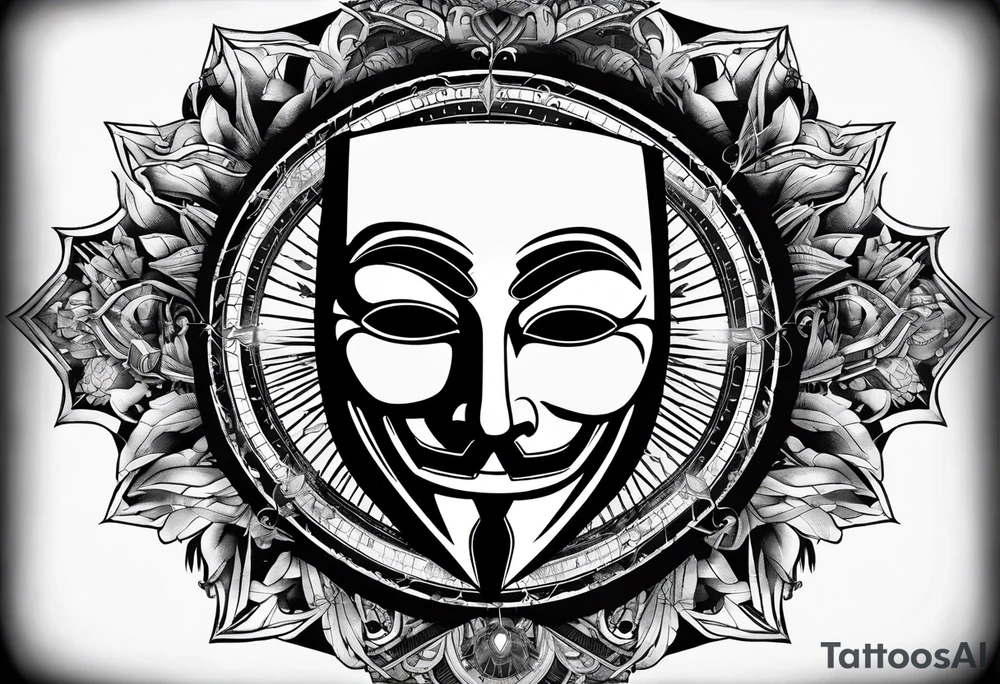 Centered v for vendetta, mask only. No hat.   Vintage compass surround. tattoo idea