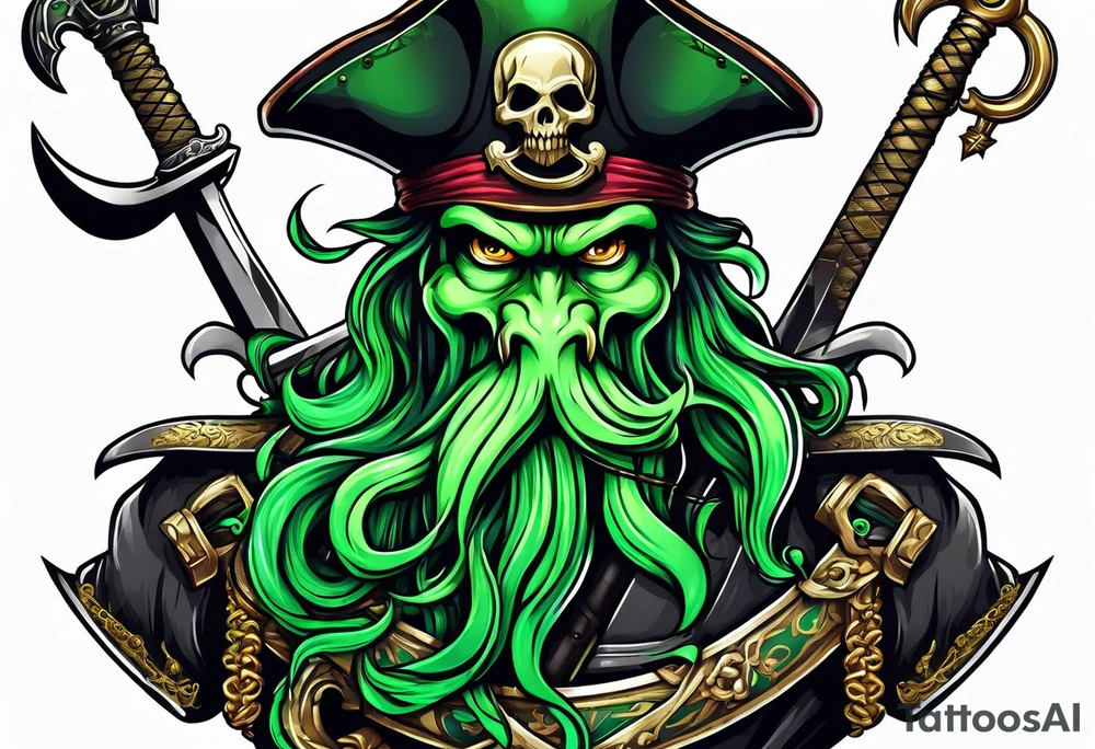 green pirate squid holding sword and anchor, black hat, beard tattoo idea
