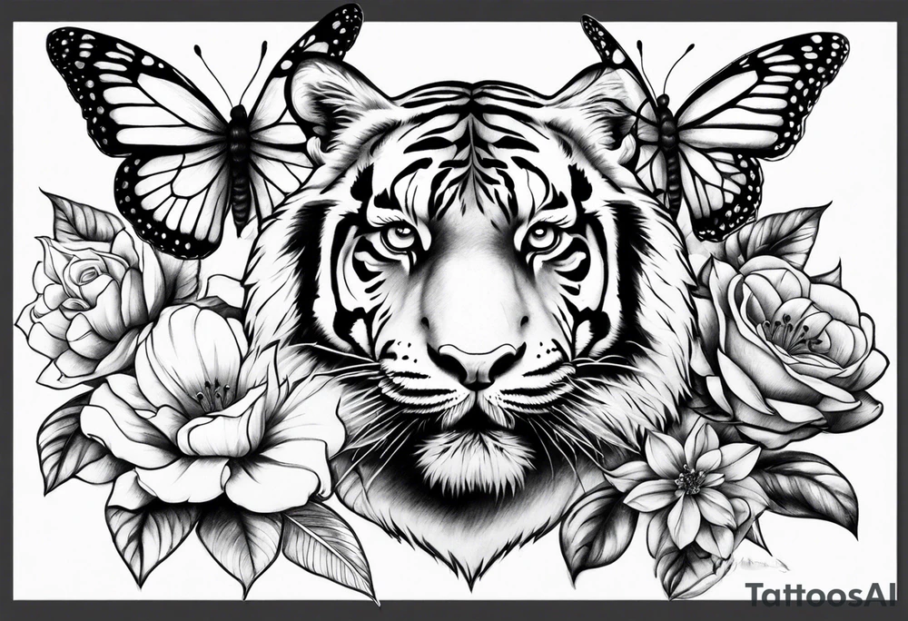 tiger, 3 buterflies, flowers for ladies thigh / hip shaded tattoo idea