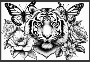tiger, 3 buterflies, flowers for ladies thigh / hip shaded tattoo idea