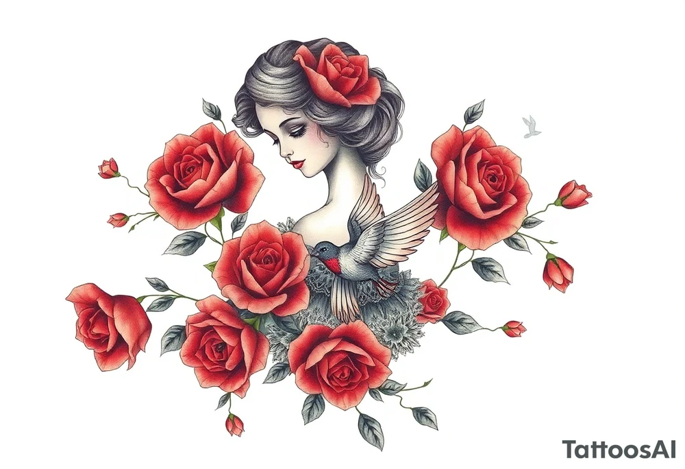 Vintage dollies, red roses, lace, red bird, vintage, wrap around tattoo idea