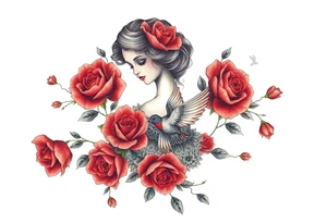 Vintage dollies, red roses, lace, red bird, vintage, wrap around tattoo idea