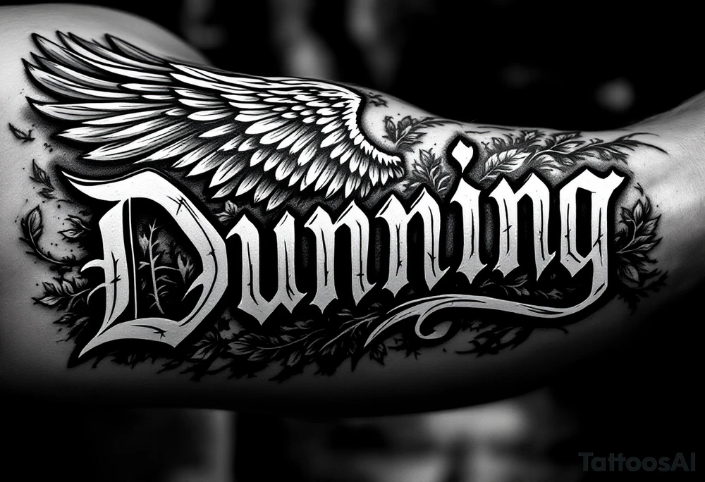 Dunning, details include angel wing, greek type of font,jungle leaves , tiger claw scratch tattoo idea