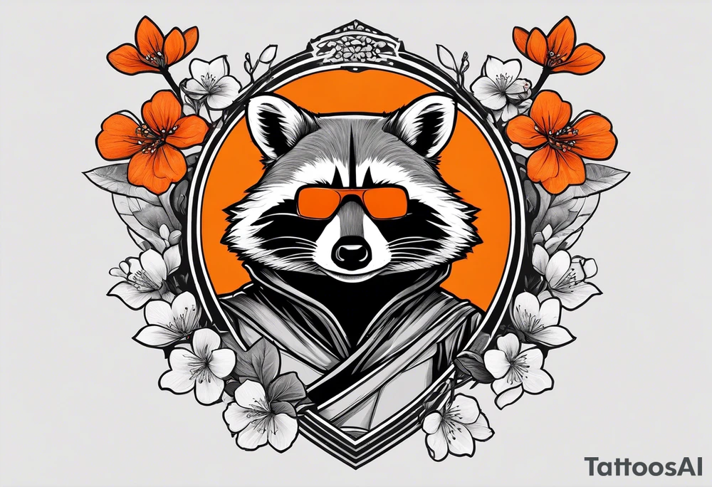 raccoon wearing a black and white Superman hoodie and orange Japanese cherry blossoms tattoo idea