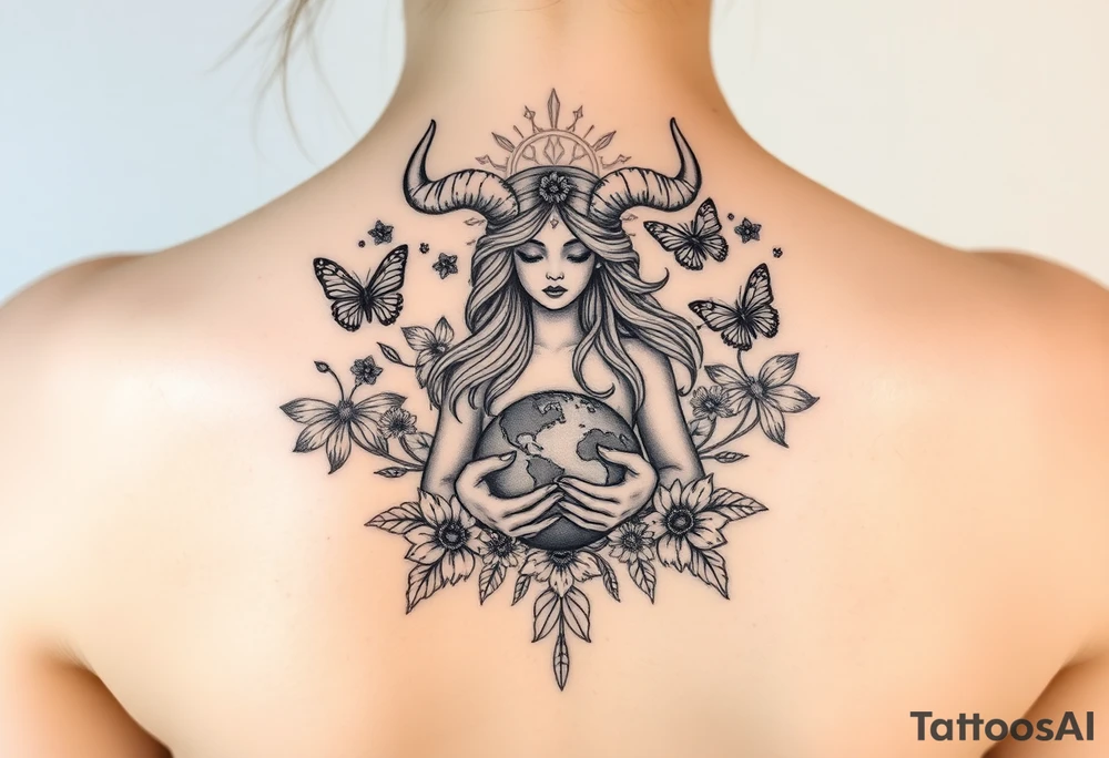 Taurus goddess with earth in her hands and butterflies and flowers all around her tattoo idea